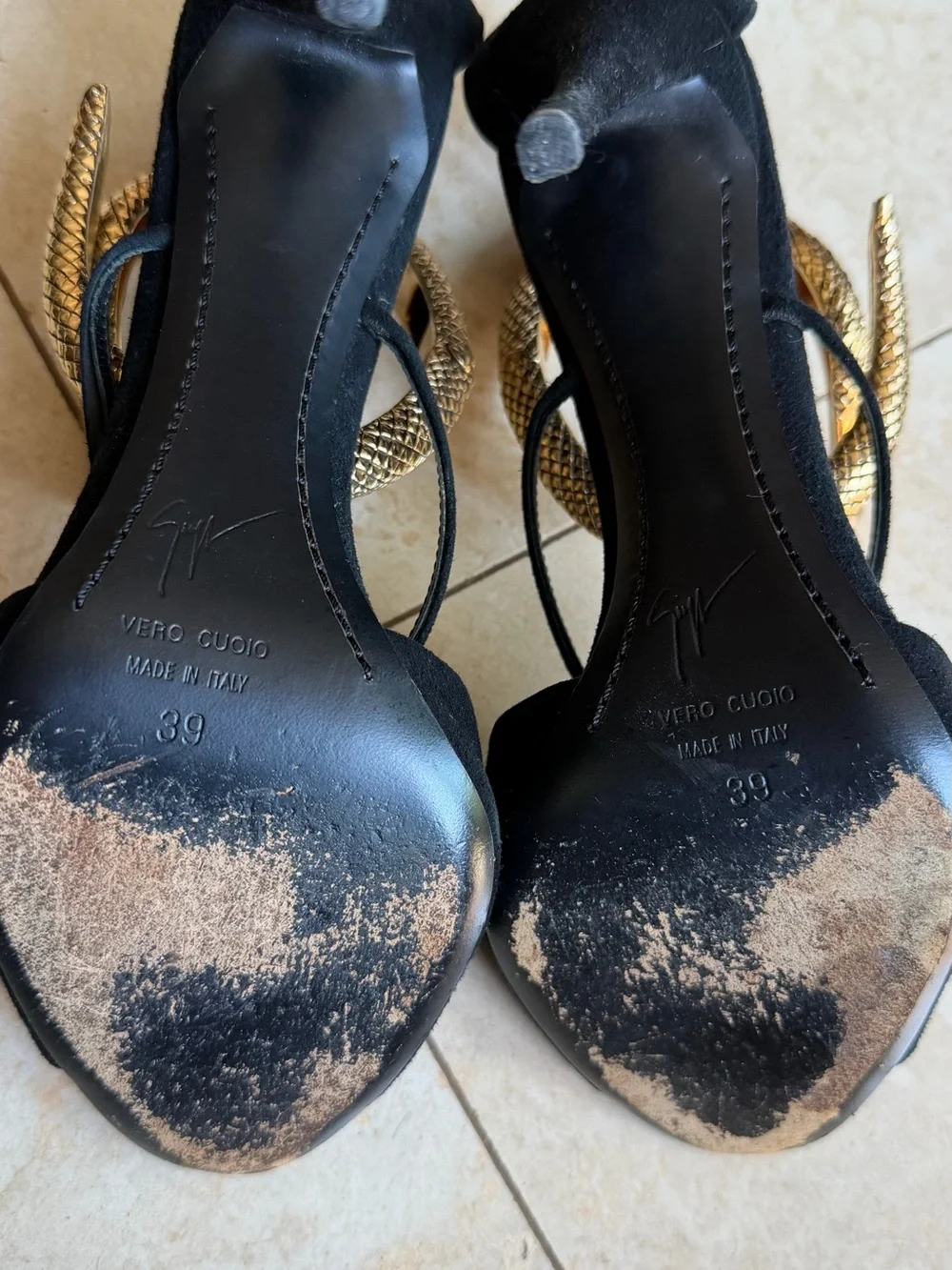 Giuseppe Zanotti Black Suede Heels with Gold Snake Detail sz 39